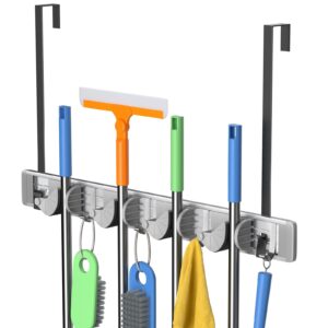 unjumbly broom holder wall mount, drilling free mop and broom holder with 2 over door hooks, tool organizer for laundry room, garage, kitchen, closet, bathroom, pantry, mid grey (4 racks and 4 hooks)