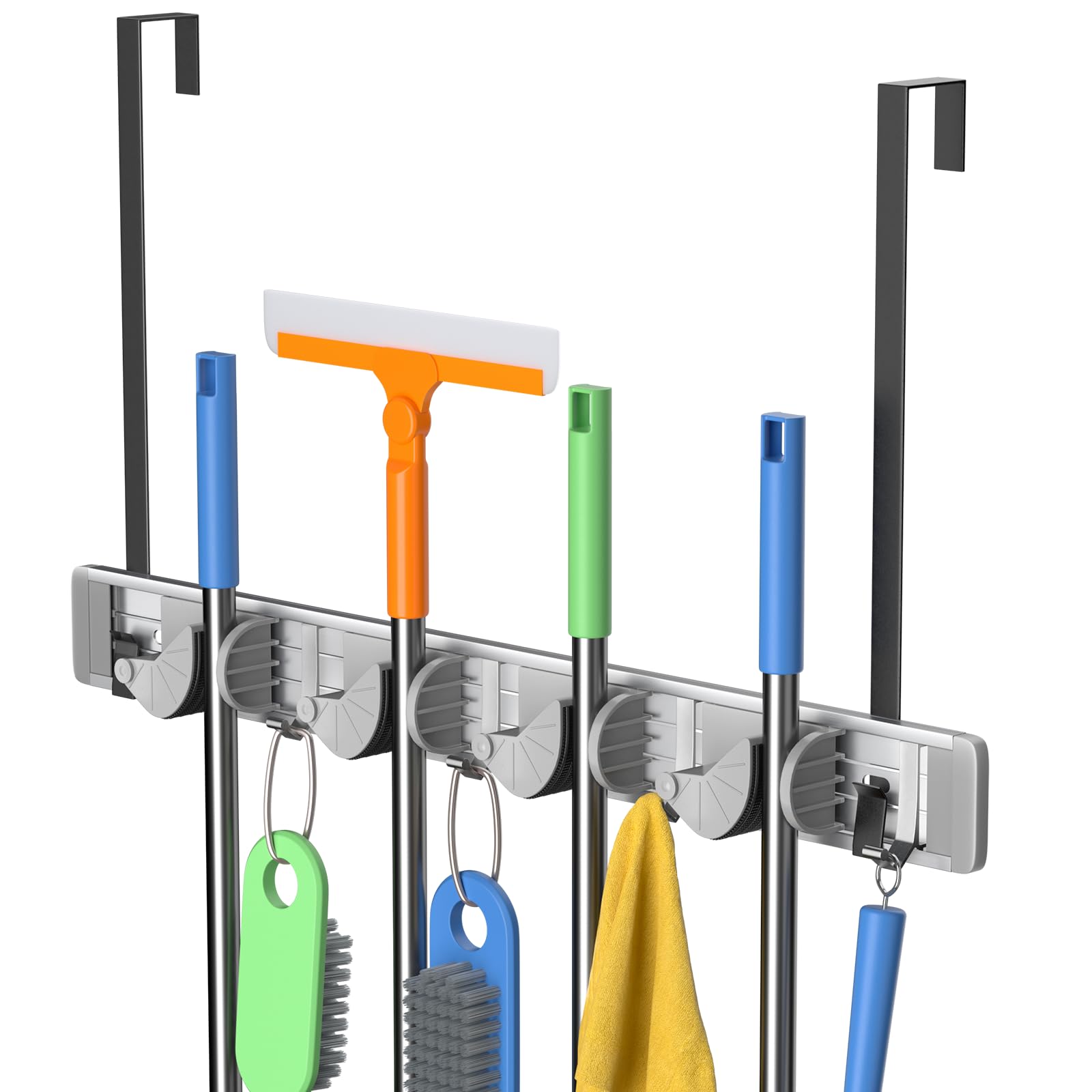 Unjumbly Broom Holder Wall Mount, Drilling Free Mop and Broom Holder with 2 Over Door Hooks, Tool Organizer for Laundry Room, Garage, Kitchen, Closet, Bathroom, Pantry, Mid Grey (4 Racks and 4 Hooks)