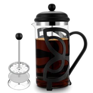 miuly french press coffee maker,304 grade stainless steel & heat resistant borosilicate glass, (1 liter,34oz), gift set with coffee measuring spoon & two filter screens, black