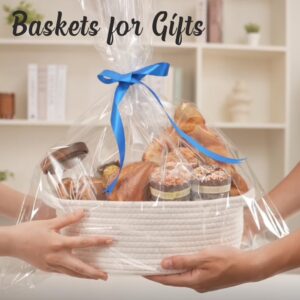 POIVOCF Small White Woven Basket 12"x 8"x 5" - Empty Gift Basket with Bags, Ribbons & Greeting Card