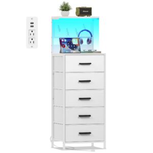 eknkozy nightstand 5 drawer dresser with led lights, charging station, metal mesh shelf with hooks, vertical side table with fabric drawers, end table, tall dresser for bedroom, entryway, white