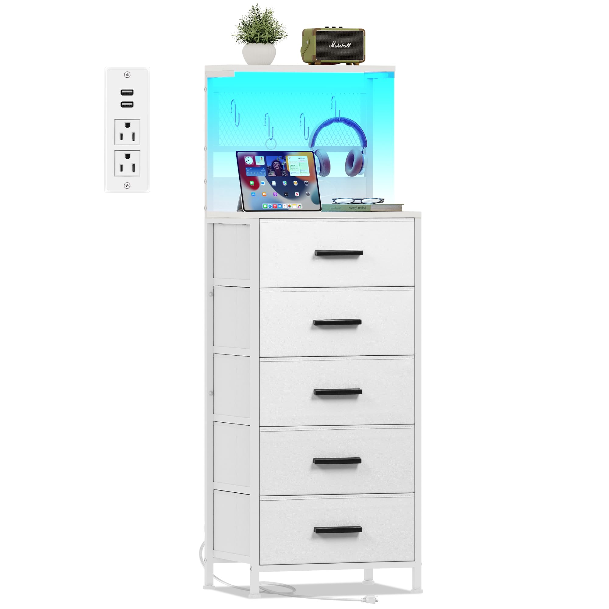 EKNKOZY Nightstand 5 Drawer Dresser with LED Lights, Charging Station, Metal Mesh Shelf with Hooks, Vertical Side Table with Fabric Drawers, End Table, Tall Dresser for Bedroom, Entryway, White