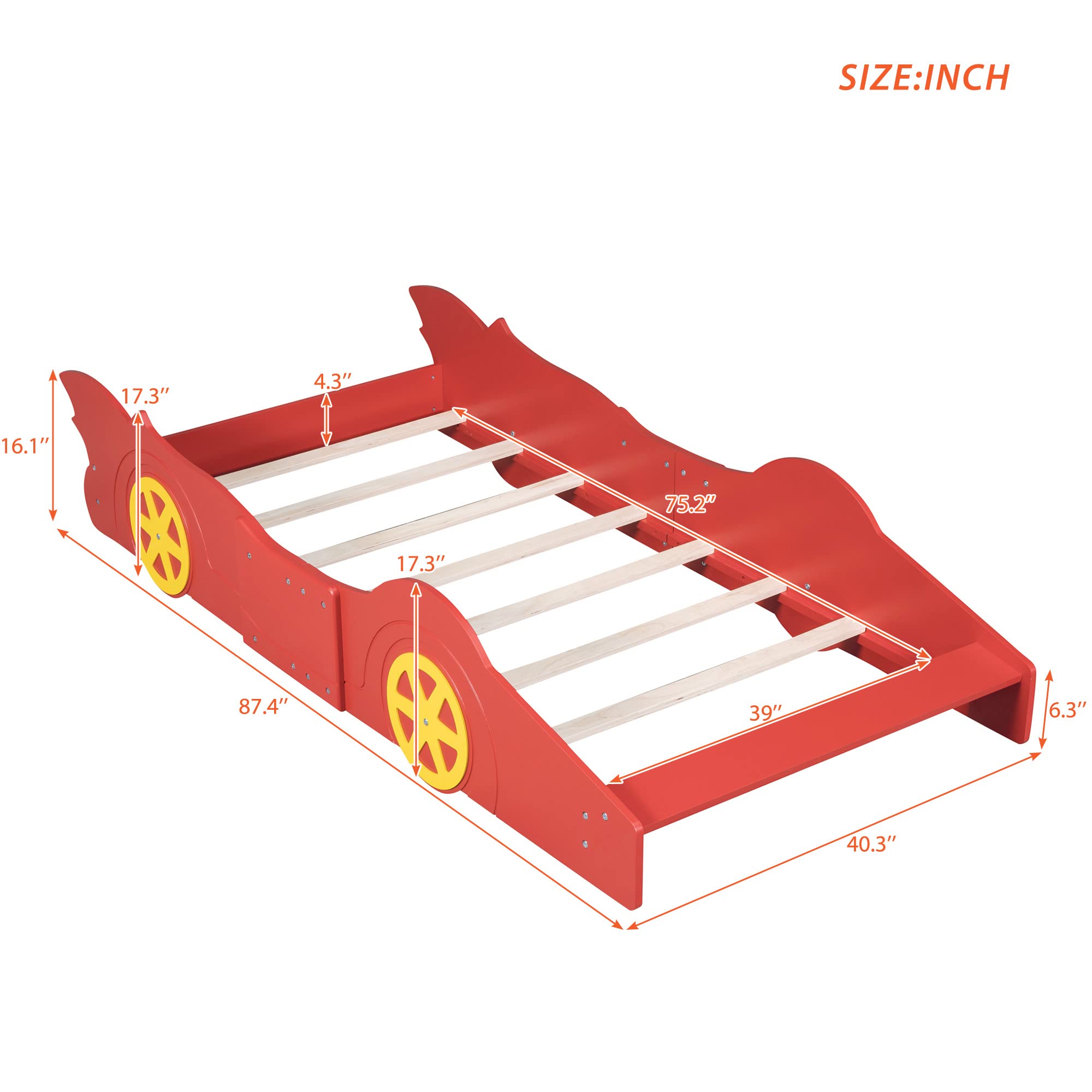 Ochangqi Twin Race Car Bed,Wooden Car Bed,Twin Car Bed Frame with Wheels,Sturdy Slats&Rails Heavy Duty,Noise Free,No Box Spring Needed,Easy Assembly (Red, Twin)