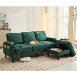 78'' sectional modular sofa l shaped couches for living room, small 3 seat sofa couch with storage ottoman, comfy linen fabric upholstered couch with usb ports & cup holder furniture, green