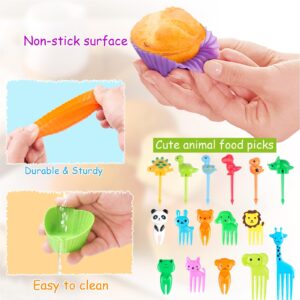 80PCS Silicone Lunch Box Dividers for Kids Lunch Accessories Set, Including 24 Reusable Silicone Cupcake Liners Baking Muffin Cups with 56 Animal Food Picks for Kids, Lunchbox Bento Box Accessories