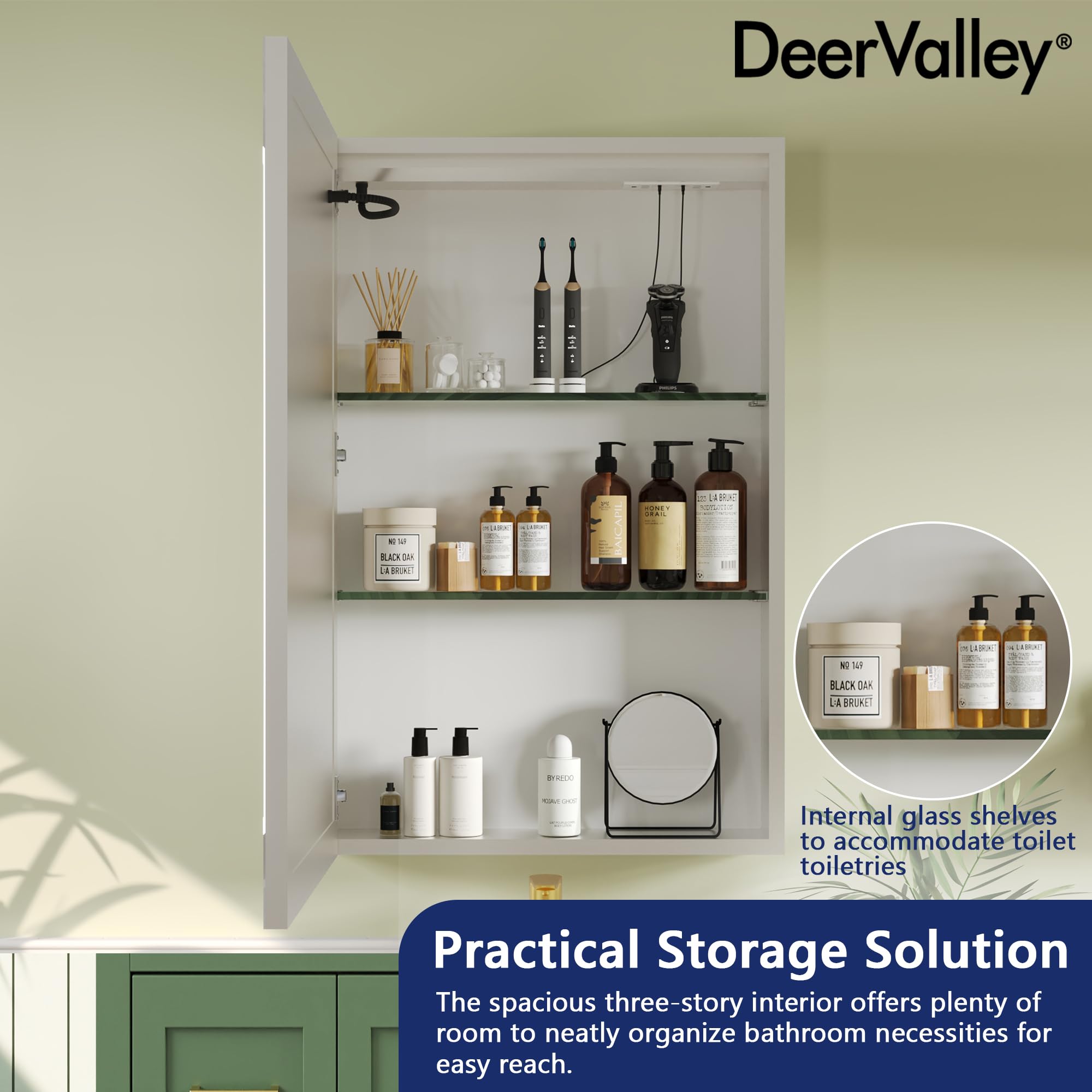 Deer Valley Lighted Medicine Cabinet with Mirror, 24" W x 36" H Led Medicine Cabinet, Bathroom Wall Mounted Modern Mirrored Medicine Cabinets with Storage Organizer