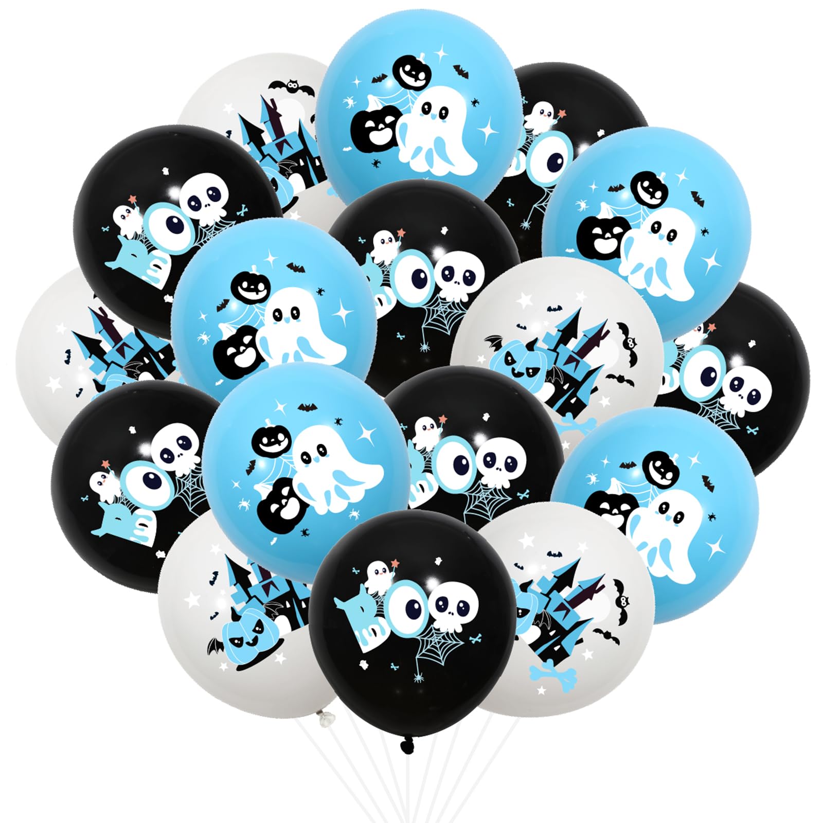 Kreatwow Halloween Baby Shower Balloon Boy 45pcs Blue Black Halloween Balloon Baby Shower Decor with Pumpkin Skull Bat Ghost Print for Halloween Birthday Party Little Boo Happy Boo Day Baby Shower