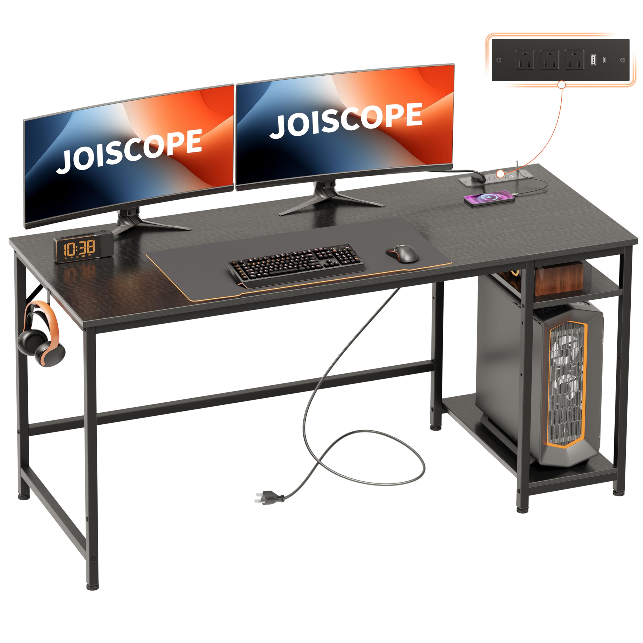 JOISCOPE Computer Desk with USB & Type-C Outlet, Home Office Desk with 2-Tier Storage Shelves, Modern Gaming Desktop Workstation, 60 inches, Black