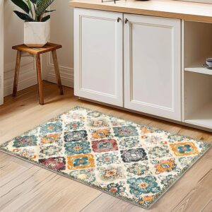 QQL 2'x3' Washable Indoor Entry Rug,Accent Door Mat Machine Soft Small Area Rug,Non-Slip Non-Shedding Faux Wool Vintage Design Boho Low Pile Throw Rugs