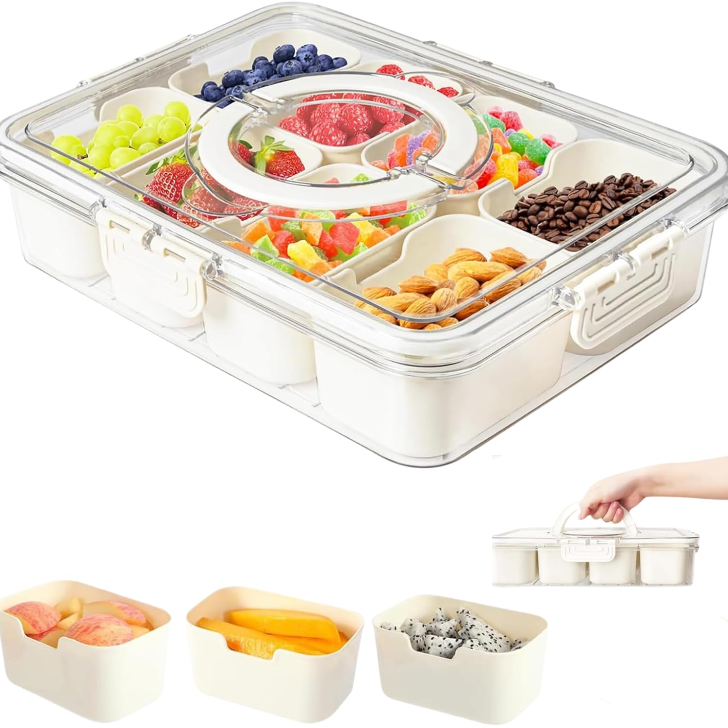 ESDUA Snackle Box Container, Divided Serving Tray with Lid and Handle Snack Box, Travel Charcuterie Board with Lid Candy Organizer, Snack Organizer Veggie Tray&Fruit Tray (1 Pcs - 8 Compartments)