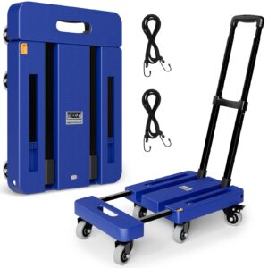 folding hand truck, 500 lb heavy duty luggage cart, utility dolly platform cart with 6 wheels & 2 elastic ropes for luggage, travel, moving, shopping, office use, blue