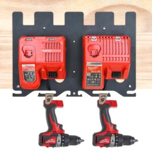 DITKOK 3-in-1 Metal Wall Mount for Milwaukee Chargers Batteries Drills Storage Rack for 4x 18V Battery Packs Bracket Holder for 2x M12-18C Charger/2x M12-18FC Charger/1x M18 DFC, Power Tool Organizer