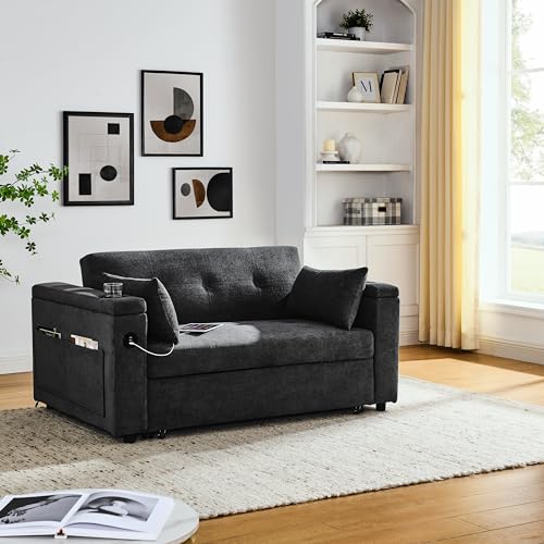 Modern 4 in 1 Convertible Sleeper Sofabed Chenille Upholstered Multifunctional Loveseat Sofa with Pull-Out Couch Bed,Armrests Storage,Cupholders,USB Ports,Adjustable Backrest,Pillows,Side Pockets