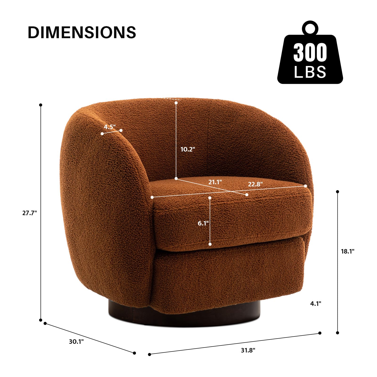 obmedin Swivel Accent Barrel Armchair with Wood Base Round Boucle Modern Upholstered Accent Chair for Nursery Living Room Bedroom Nursery Club, Burnt Orange