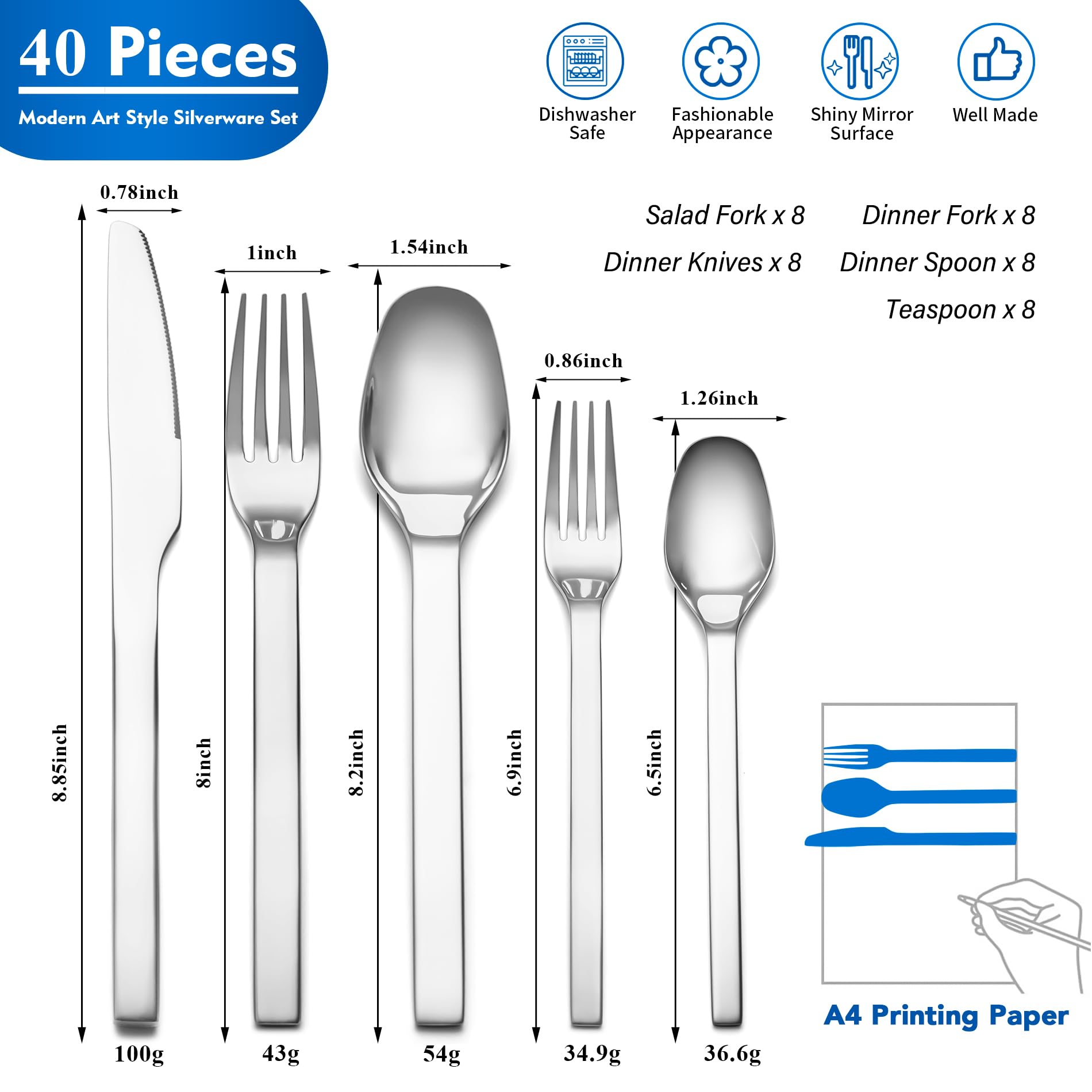 40 Piece Modern Silverware Flatware Cutlery Set, EIUBUIE Premium Stainless Steel Utensils Service for 8, Square Edge Design Kitchen Tableware Spoons and Forks Set, Mirror Polished, Dishwasher Safe