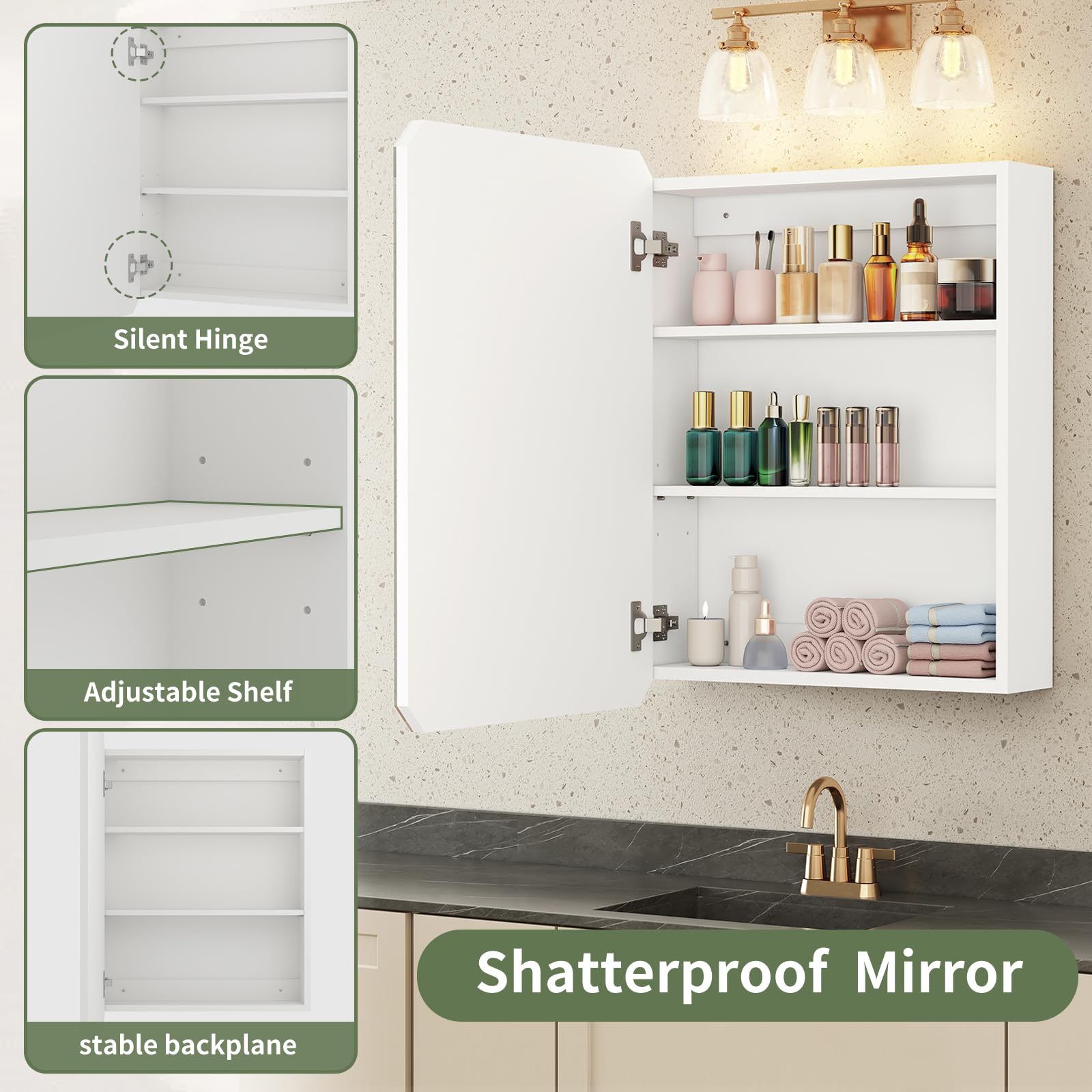 SOOWERY Medicine Cabinet Mirror 19.6" W x 26" H Bathroom Mirror with Storage Wall Mounted Medicine Mirror Cabinet Wood Organizer with Single Door Farmhouse Bathroom Storage Cabinet