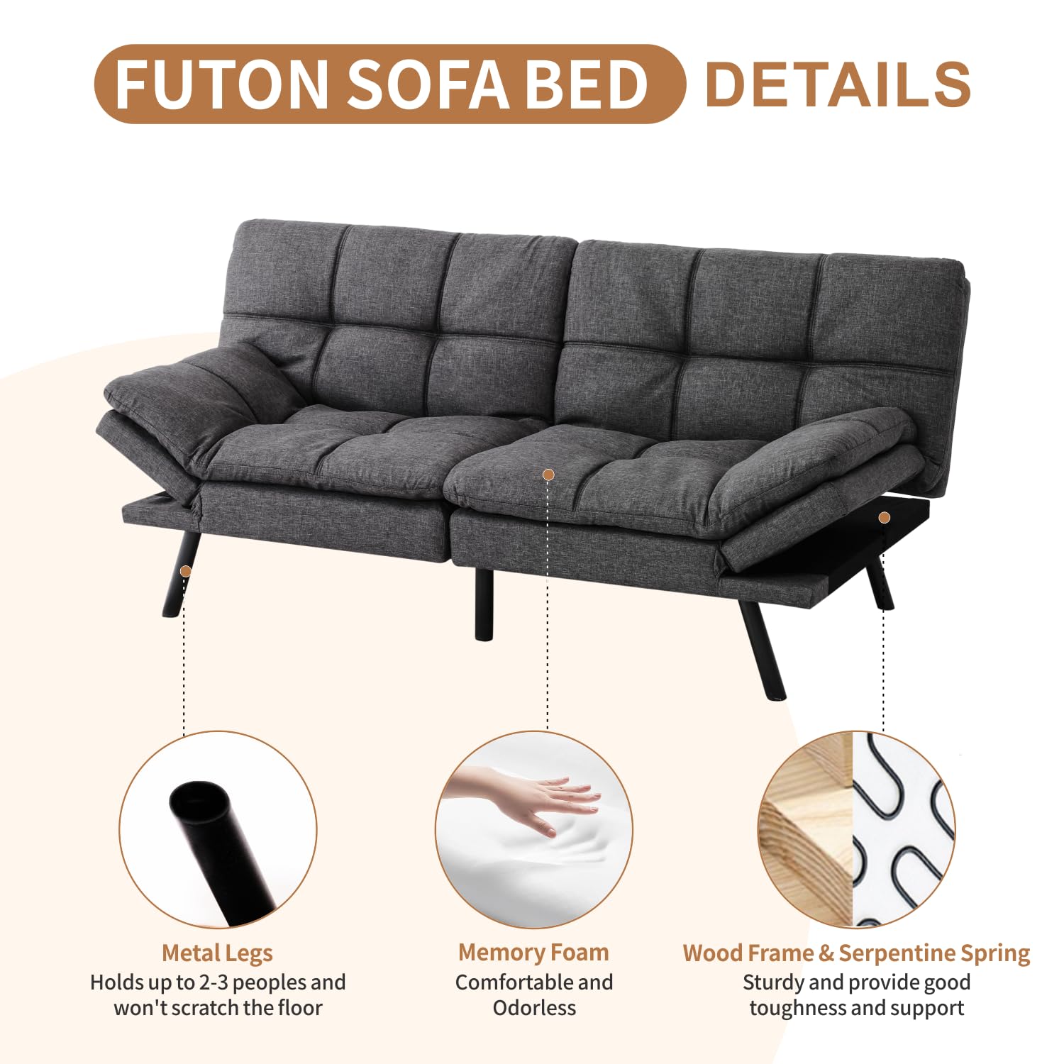 MUUEGM Futon Sofa Bed,Memory Foam Futon Sofa,Modern Convertible Sofa Bed for Small Compact Living Spaces,Apartment,Office,Adjustable Sleeper Sofa,71"*33"*31.5",Grey Fabric