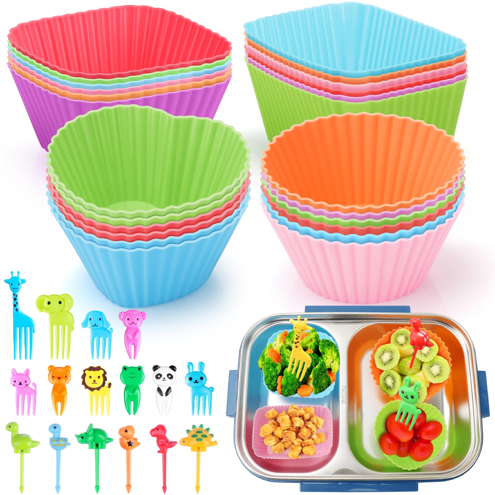 80PCS Silicone Lunch Box Dividers for Kids Lunch Accessories Set, Including 24 Reusable Silicone Cupcake Liners Baking Muffin Cups with 56 Animal Food Picks for Kids, Lunchbox Bento Box Accessories