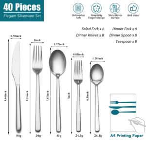 Silverware Set for 8, EIUBUIE 40-Pieces Food-Grade Stainless Steel Flatware Cutlery Sets, Mirror Polished Lightweight Kitchen Eating Utensil Tableware Set Include Forks Spoons Knives, Dishwasher Safe