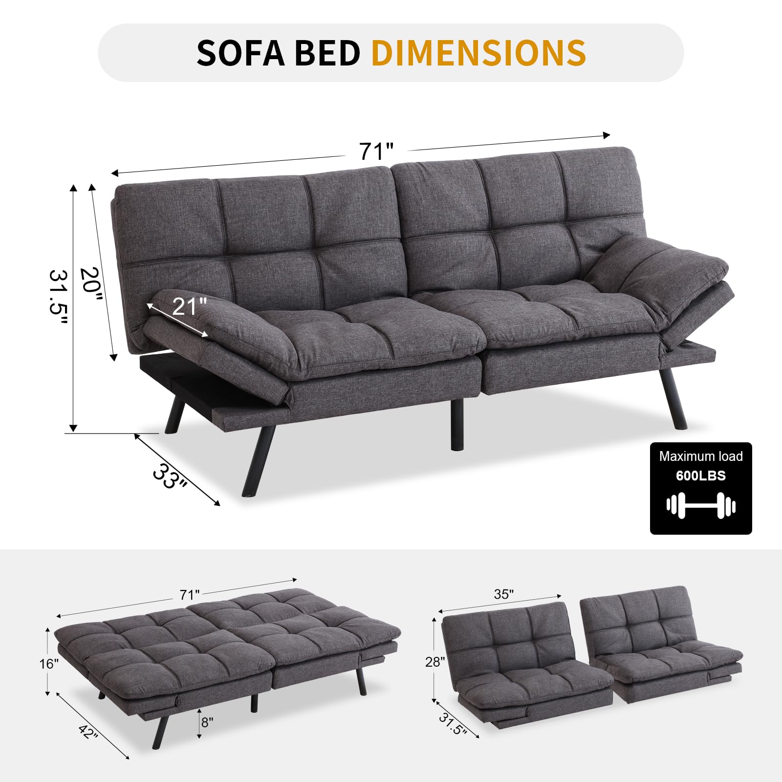 MUUEGM Convertible Futon Sofa Bed, Modern Couch Foldable Linen Memory Foam Couch Sleeper Bed with Armrest and Backrest Adjustable Full Size Recliner for Living Room Office Sofabed,71" Dark Grey