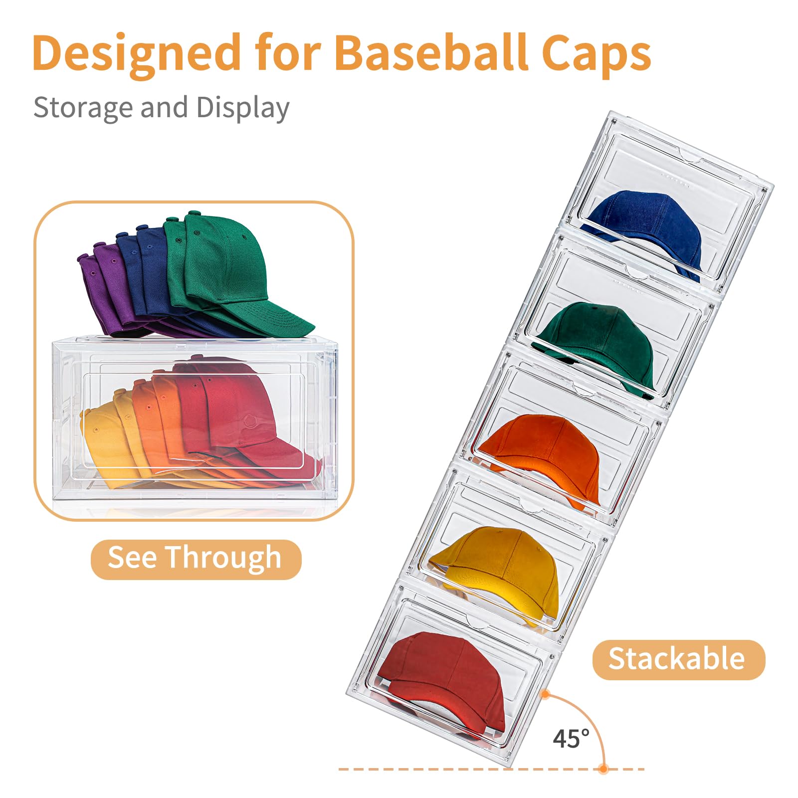 Hat Organizer Box,Upgrade Harder Solid Plastic Hat Organizer for Baseball Caps, Clear Hat Storage with Magnetic Door, Hat Rack, Hat Holder, Hat Case, Hat Box (Clear, 2 Pack)