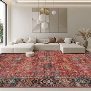 qql rug for living room, machine washable area rugs 9'x12' for bedroom, ultra-soft non-shedding faux wool vintage design boho low pile mat throw carpet，stain resistant rugs with non-slip backing