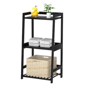 ADREMAN Bathroom Shelf, 3 Tier Ladder Shelf Bamboo Nightstand Open Shelving, Bathroom Storage Organizers Bookshelf Bookcase for Living Room, Bedroom, Bathroom (Black, Without Drawers)