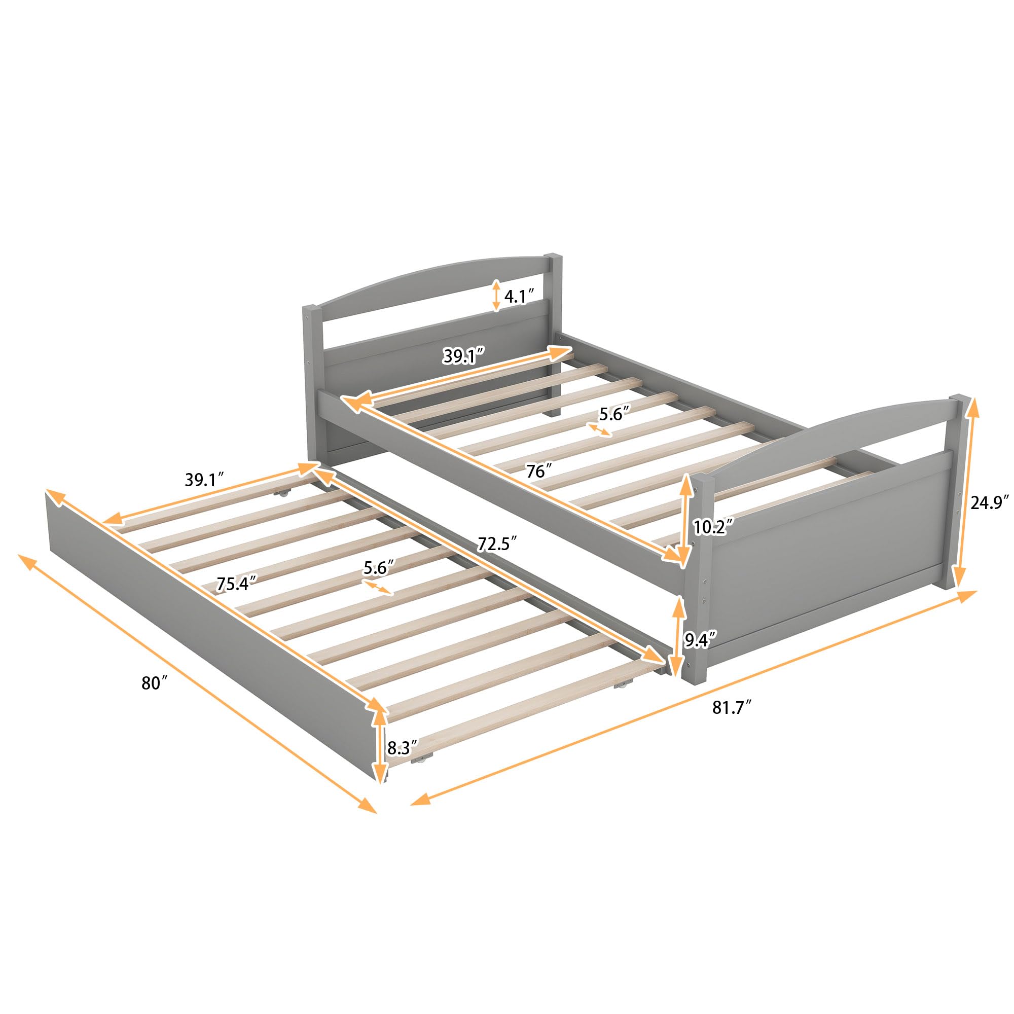 RITSU Twin Daybed Frame with Trundle, Wooden Day Bed for Living Room, Kids Twin Size Platform Bed with Headboard and Footboard for Boys Girls Teens, No Box Spring Needed,Twin Size,Grey