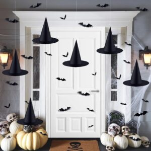 vellibring 6 pcs halloween black witch hats decoration hanging witch wizard hats bulk with 3d bats wall stickers for halloween party costume accessory indoor outdoor yard porch decor