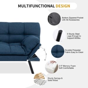 MUUEGM Convertible Futon Sofa Bed, Modern Couch Foldable Linen Memory Foam Couch Sleeper bed with Armrest and Backrest Adjustable Full Size Recliner for Living Room Office Sofabed,71" Blue