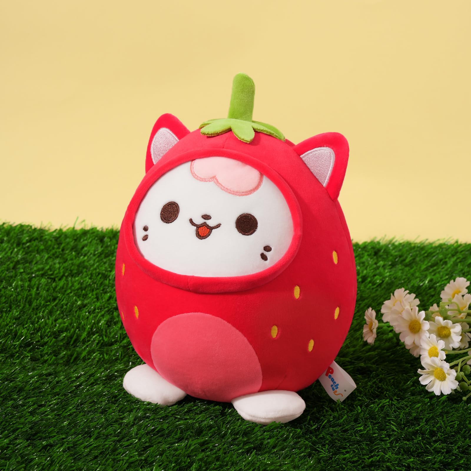 PEACH CAT Strawberry Cat Plush Pillow Cute Strawberry Kitten Stuffed Animal Cat plushie with Strawberry Outerwear for Kids Red 8"