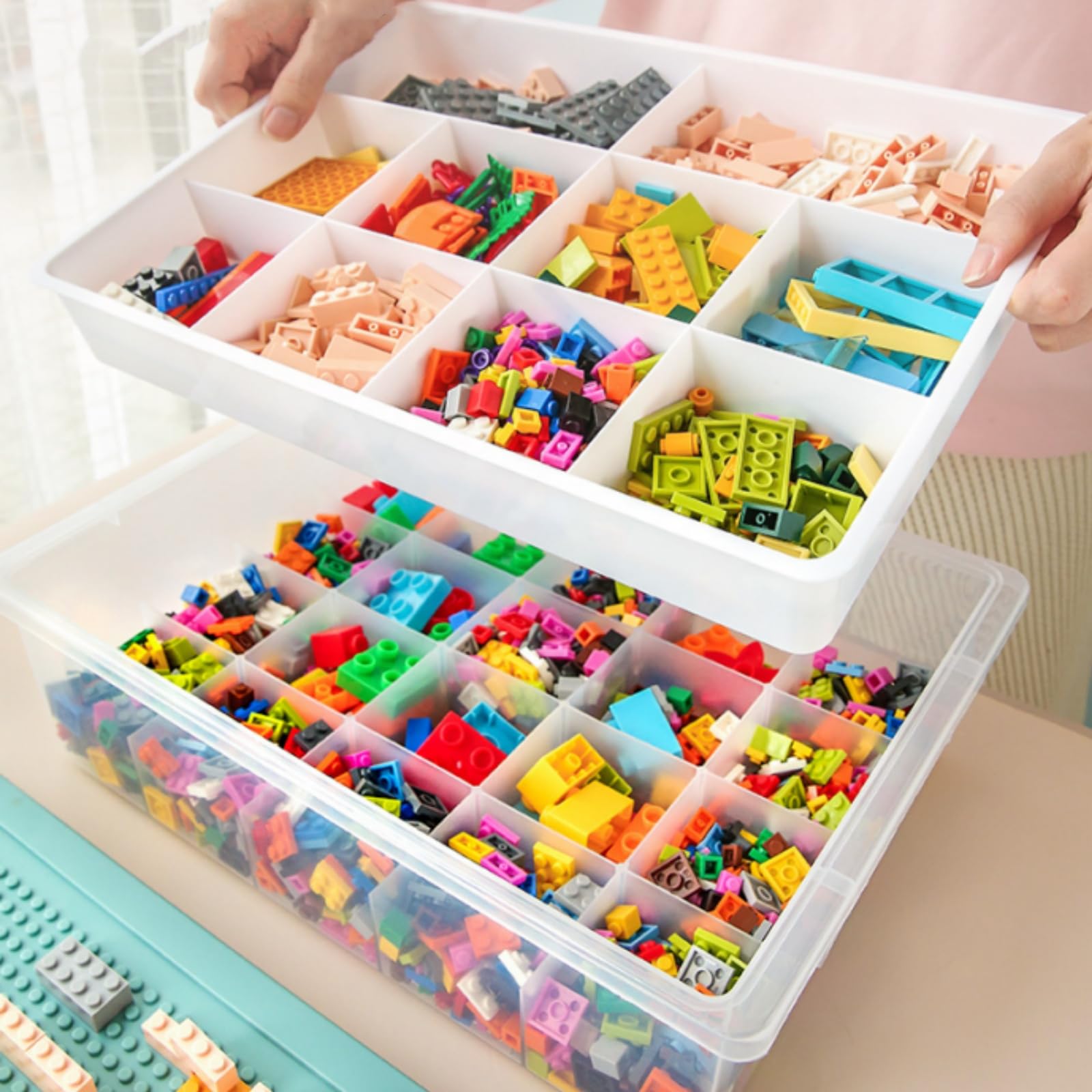 Acshio Toys Organizer Bin, Double Layer Block Storage Container with Building Baseplate Lid Removable Tray, Stackable 30 Compartment Clear Crafts Box for Bead Puzzles Sewing