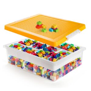 acshio toys organizer bin, double layer block storage container with building baseplate lid removable tray, stackable 30 compartment clear crafts box for bead puzzles sewing