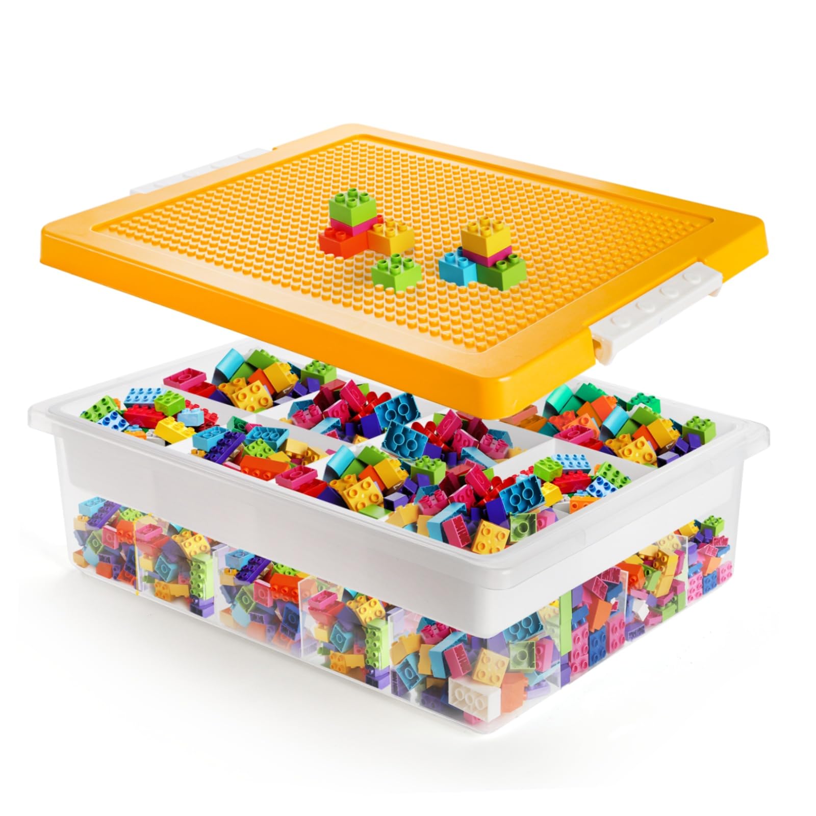 Acshio Toys Organizer Bin, Double Layer Block Storage Container with Building Baseplate Lid Removable Tray, Stackable 30 Compartment Clear Crafts Box for Bead Puzzles Sewing