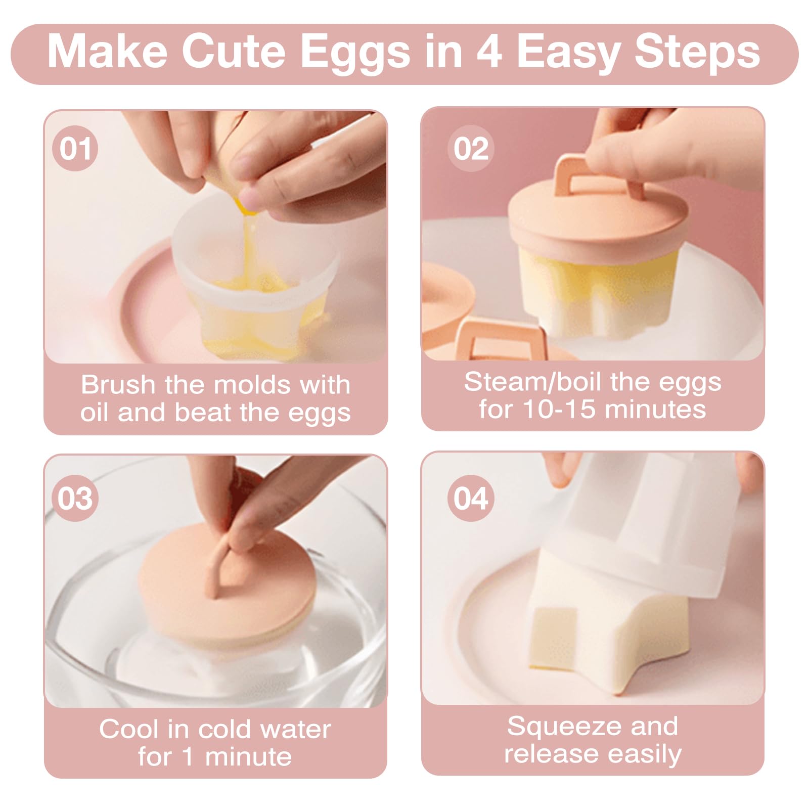 Egg Poacher, 4 Pcs Egg Cooker Cups Egg Steamer with Lid and Oil Brush, Individual Egg Boiler for Breakfast, Hard Boiled Eggs without the Shell 4 Shapes Egg Molds Food Grade Material (Pink)