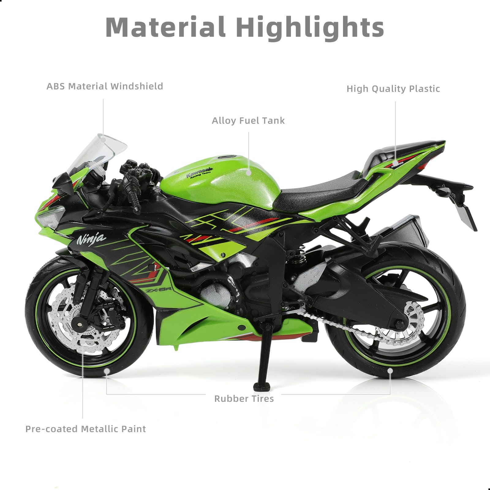 Risopen 1/12 Kawasak Ninja Motorcycle Model Toy Mini Alloy Metal Diecast Motorcycle Model Green Motorcycle Model Toy Sport Motorcycle Racing Model Collection Gift for Men Kid Boy (ZX-6R)