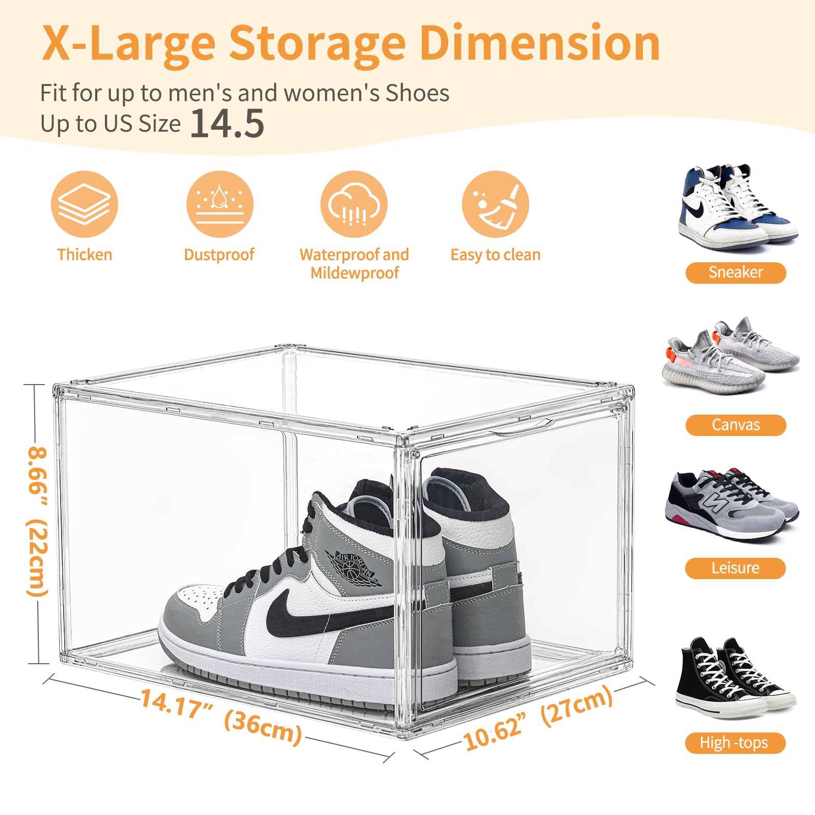 CKHXR 1 Pack X-Large Acrylic Clear Shoe Boxes,Professional Boot and Hat Display Case Organizer,Purse Organizer for Closet,360° Clear Plastic Stackable Sneaker Storage for Sneakerhead,Fits US Size 14.5