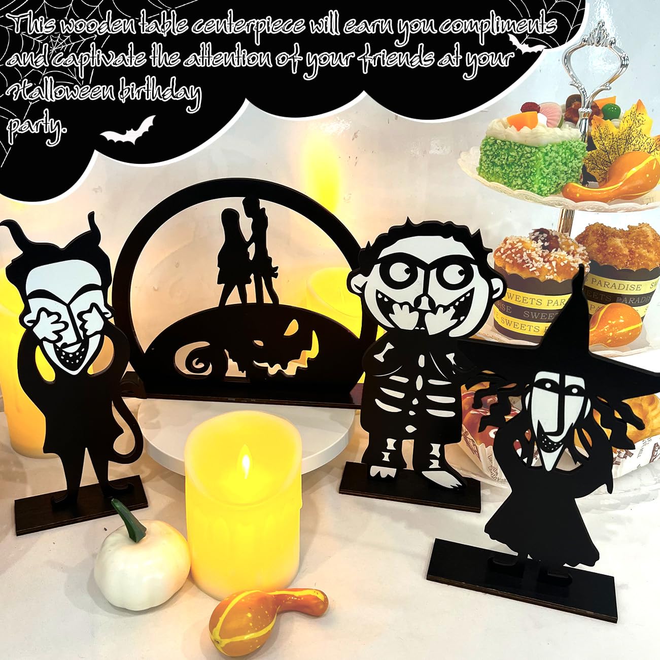 Nitemare Before Christmas Birthday Decorations, 4PCS Nightmore Before Halloween Wooden Table Centerpieces with Jack Skellington Oogie Boogie for Happy Halloween Birthday Party Decorations