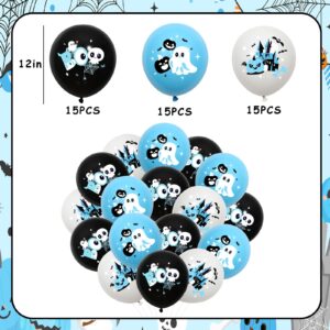 Kreatwow Halloween Baby Shower Balloon Boy 45pcs Blue Black Halloween Balloon Baby Shower Decor with Pumpkin Skull Bat Ghost Print for Halloween Birthday Party Little Boo Happy Boo Day Baby Shower