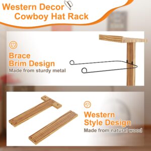 ACOSIY Western Hat Rack Decor for 3 Cowboy Hat, Cowboy Hat Organizer Rack for Wall, Cowboy Hat Wall Hanger with Wooden Shelf, Cowboy Hat Holder with Metal Hanging Rod for Baseball Caps (Metal)