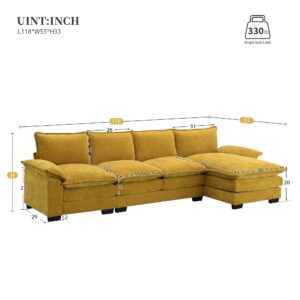 WIIS' IDEA 118"Modern Sectional Sofa Couch,L-shaped Chenille Sofa with Double Seat Cushions,5-seat Upholstered Indoor Furniture,Sleeper Sofa Couch with Chaise Lounge for Living Room,Apartment(Yellow)