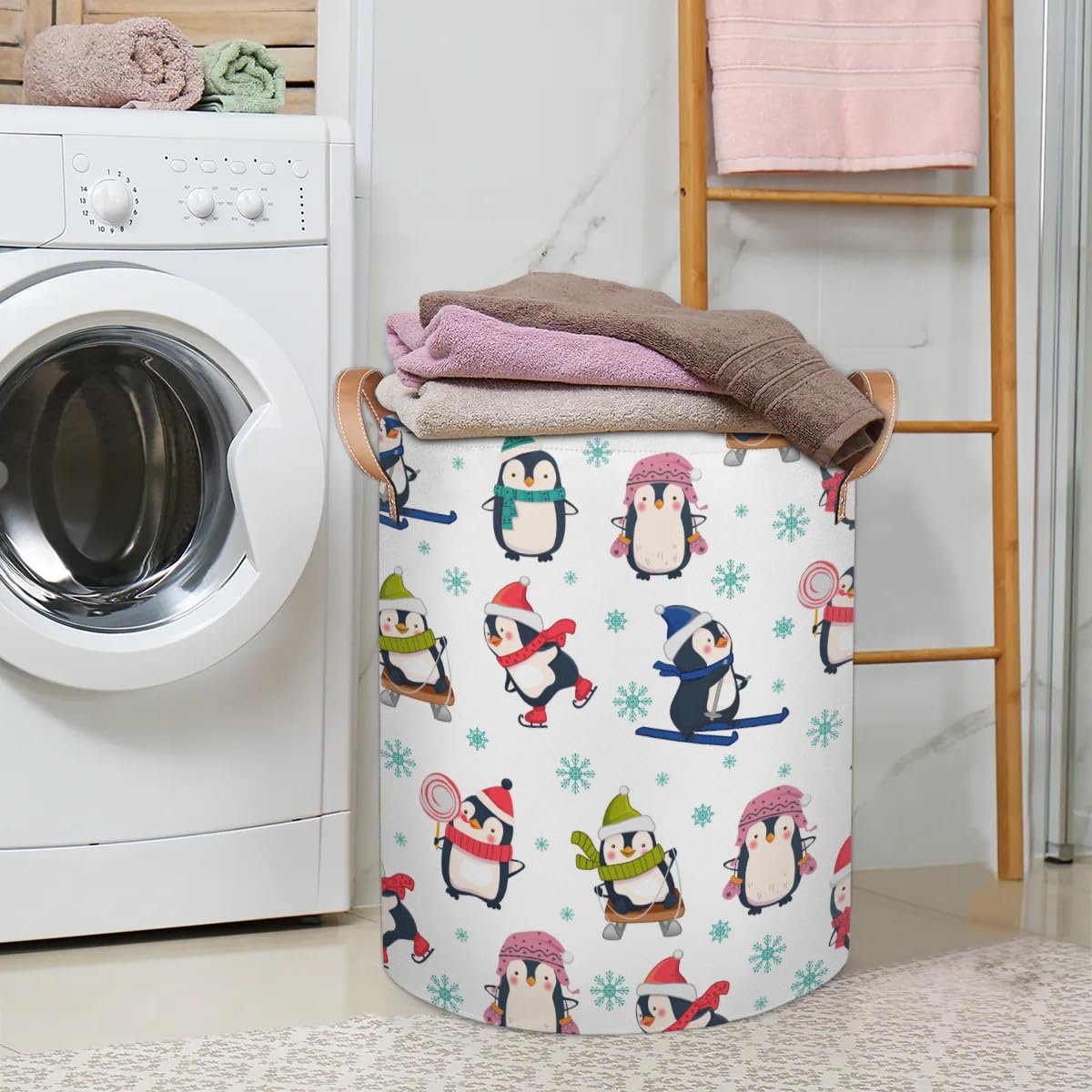 Large Laundry Hamper Winter Animal Penguin,Collapsible Laundry Basket,Dirty Cloth Hamper,Storage Basket Bin for Blankets Dirty Cloth Toy in Laundry Room Living Room Bedroom Colleage Dorm