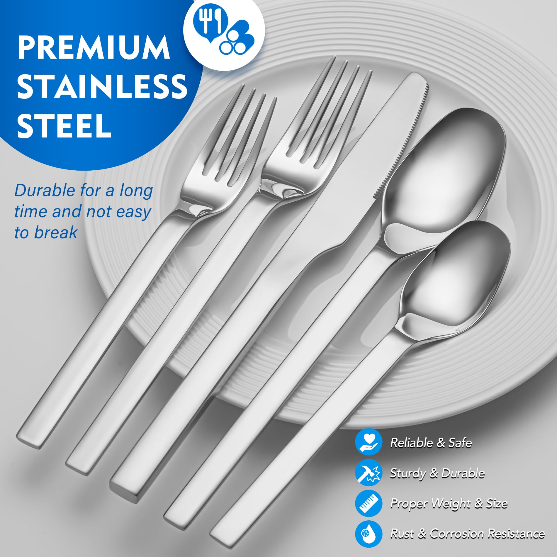 40 Piece Modern Silverware Flatware Cutlery Set, EIUBUIE Premium Stainless Steel Utensils Service for 8, Square Edge Design Kitchen Tableware Spoons and Forks Set, Mirror Polished, Dishwasher Safe