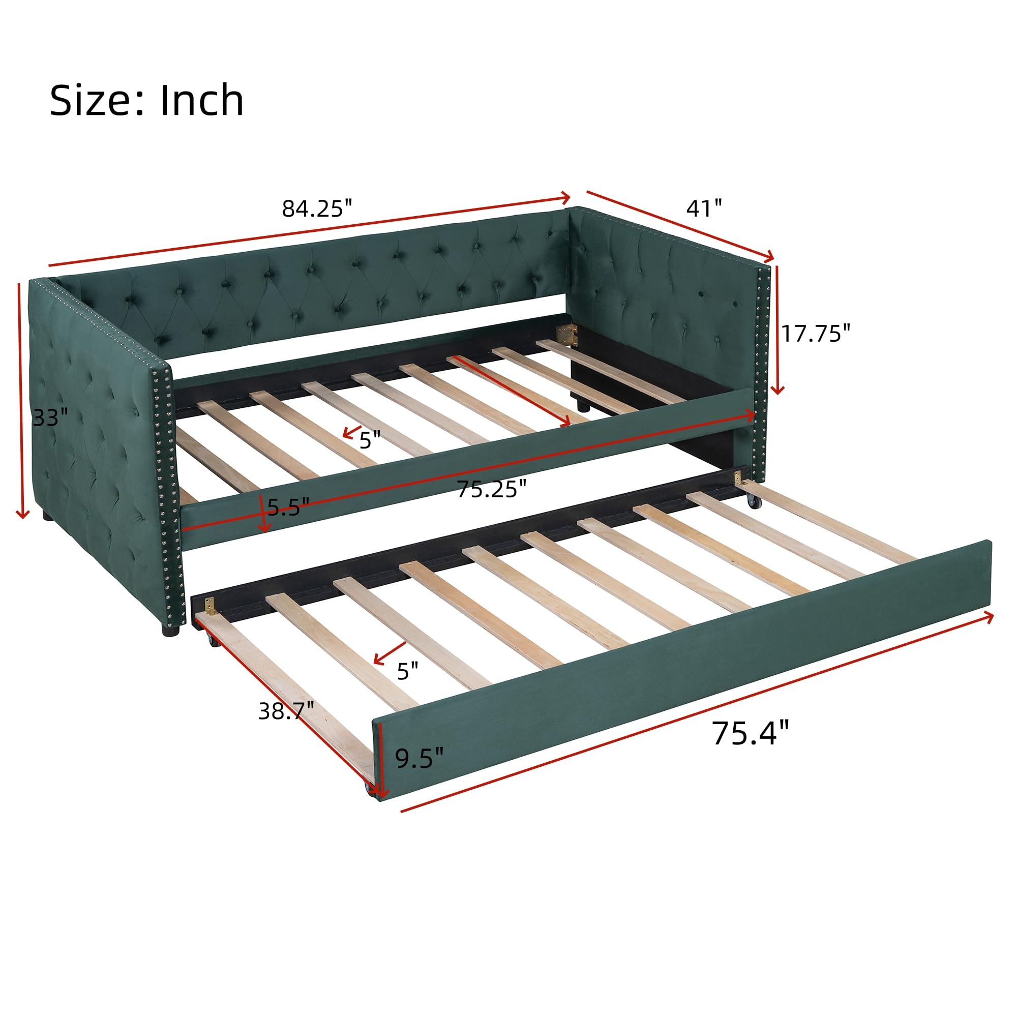 Merax Twin Size Tufted Upholstered Daybed with Trundle, Velvet Sofabed with Rivet Design, No Box-Spring Needed,Green