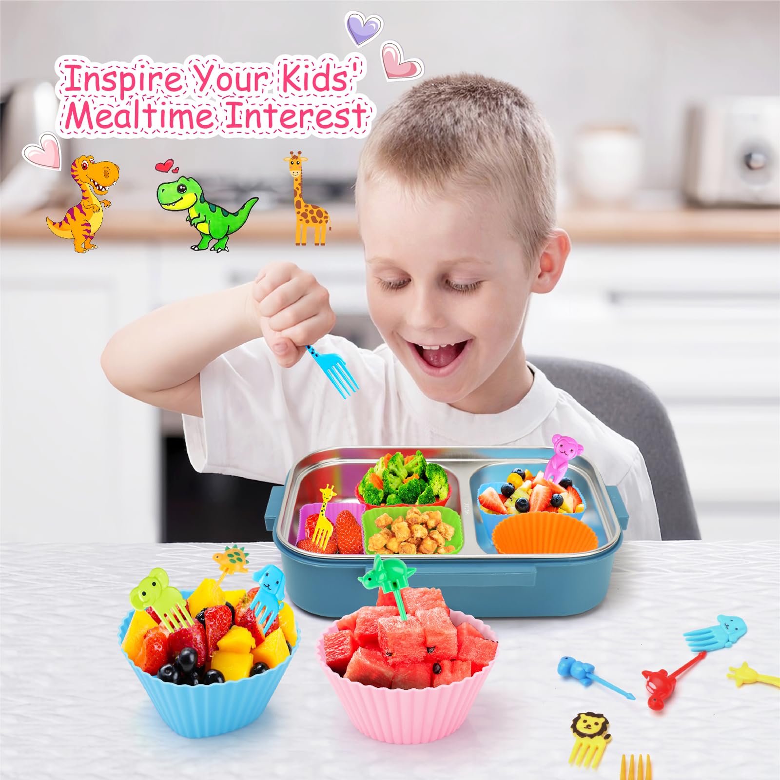 80PCS Silicone Lunch Box Dividers for Kids Lunch Accessories Set, Including 24 Reusable Silicone Cupcake Liners Baking Muffin Cups with 56 Animal Food Picks for Kids, Lunchbox Bento Box Accessories