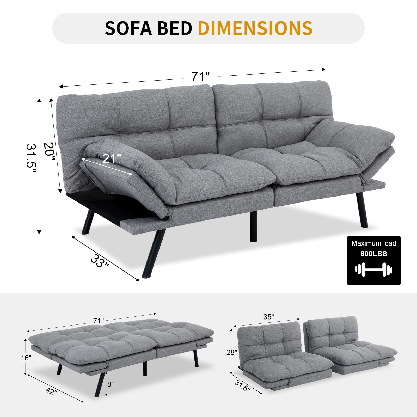 MUUEGM Convertible Futon Sofa Bed, Modern Couch Foldable Linen Memory Foam Couch Sleeper bed with Armrest and Backrest Adjustable Full Size Recliner for Living Room Office Sofabed,71" light Grey