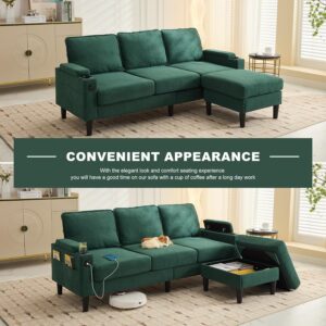 78'' Sectional Modular Sofa L Shaped Couches for Living Room, Small 3 Seat Sofa Couch with Storage Ottoman, Comfy Linen Fabric Upholstered Couch with USB Ports & Cup Holder Furniture, Green