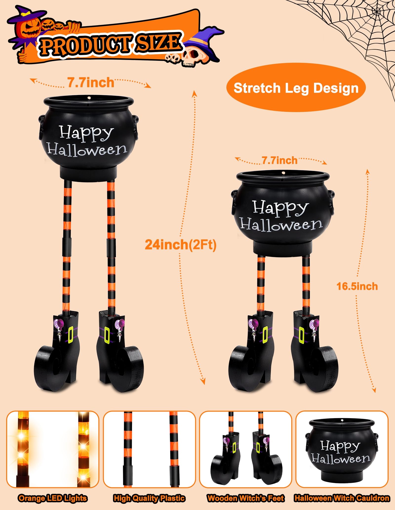 [ Orange Lights & Timer] Halloween Decorations - Halloween Candy Bowls, 2 Ft Large Witches Legs Candy Bowl Cauldron Hocus Pocus Bucket Candy Holder for Indoor Front Porch Home House Lawn Yard Outside