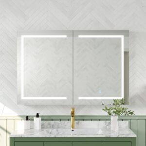 deer valley 48" w x 32" h lighted medicine cabinet with mirror, led medicine cabinet mirror for bathroom with defogger & 3-color dimmable, wall mounted mirrored medicine cabinet with lights