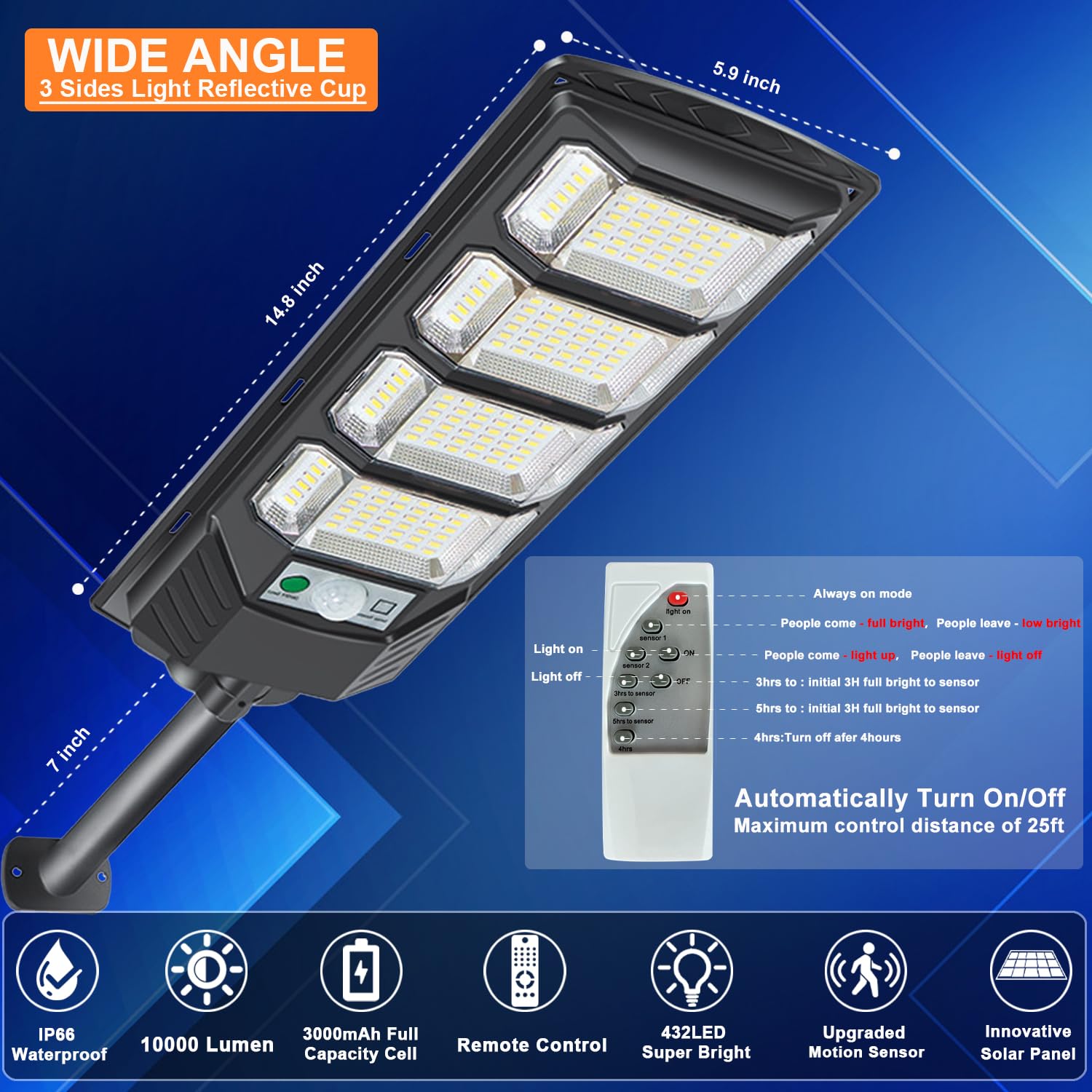 ACINLITGLOW Solar Powewr 432 LED Street Lights Outdoor Waterproof 10000LM,Wide Angle Motion Sensor 6500K Solar Parking Lot Street Lights Dusk to Dawn,Solar Outdoor Street Lights with Remote Control